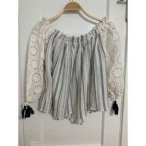 Sundance Off The Shoulder Top Women Ivory Blue Striped Eyelet Sleeve / L